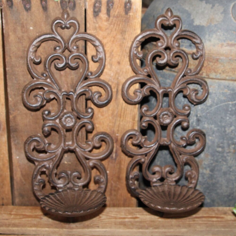 Ornate Rustic French Country Farmhouse Cast Iron Wall Decor Candle Holders